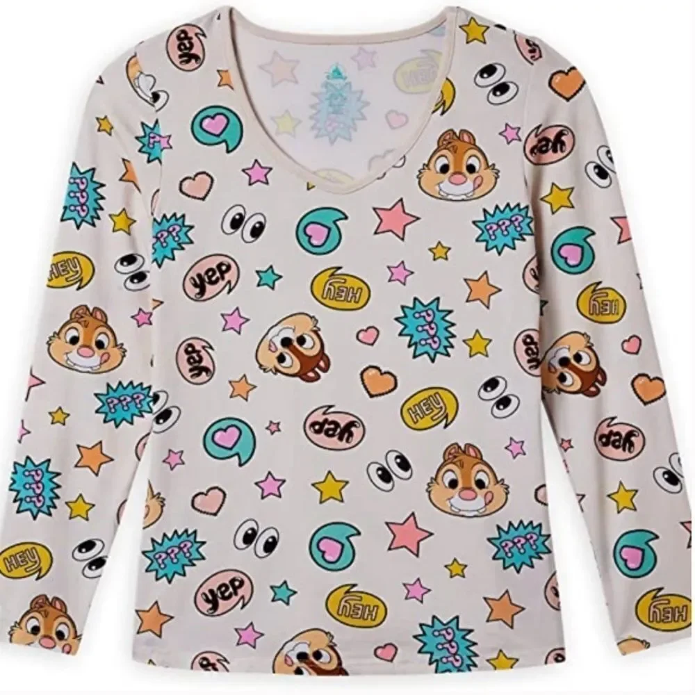 Disney Chip And Dale Graphic Organic Cotton Blend Long Sleeve Pastel Pajama Top